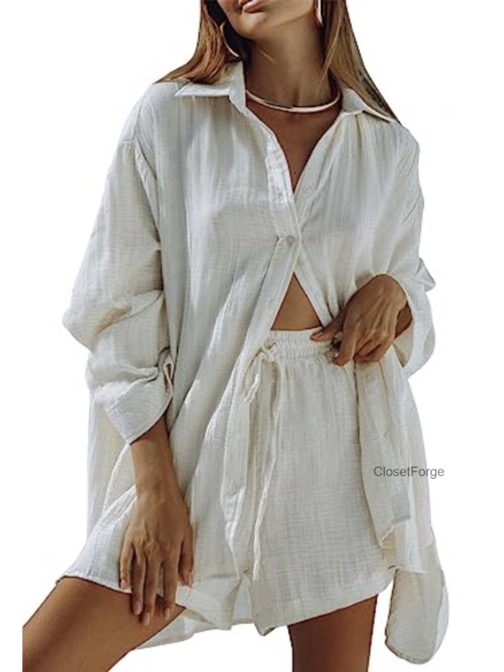 Women 2 Piece Outfits Long Sleeve Button Down Blouse Shorts Sets Cotton